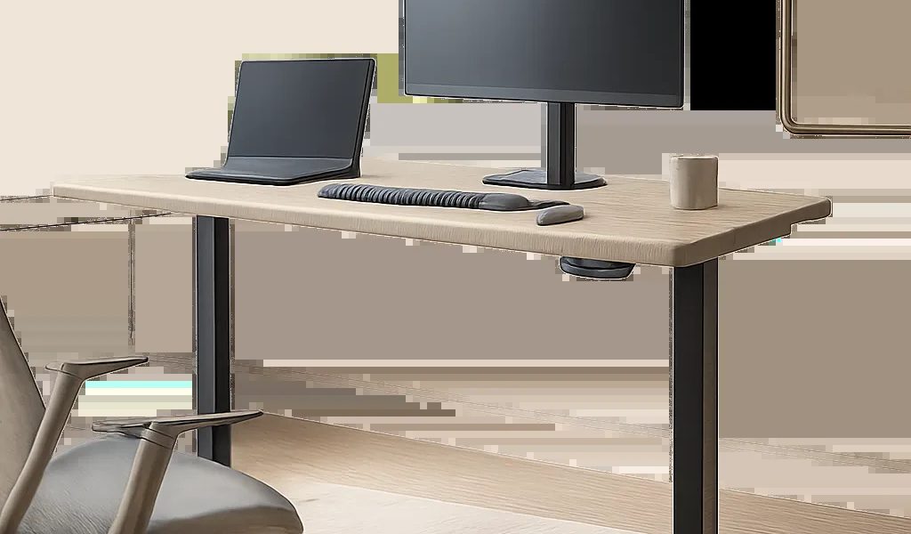 Un espace de travail moderne met en scène un bureau assis debout réglable, pensé pour alterner facilement entre position assise et debout. L’ambiance doit évoquer le confort, la stabilité et un usage professionnel haut de gamme.