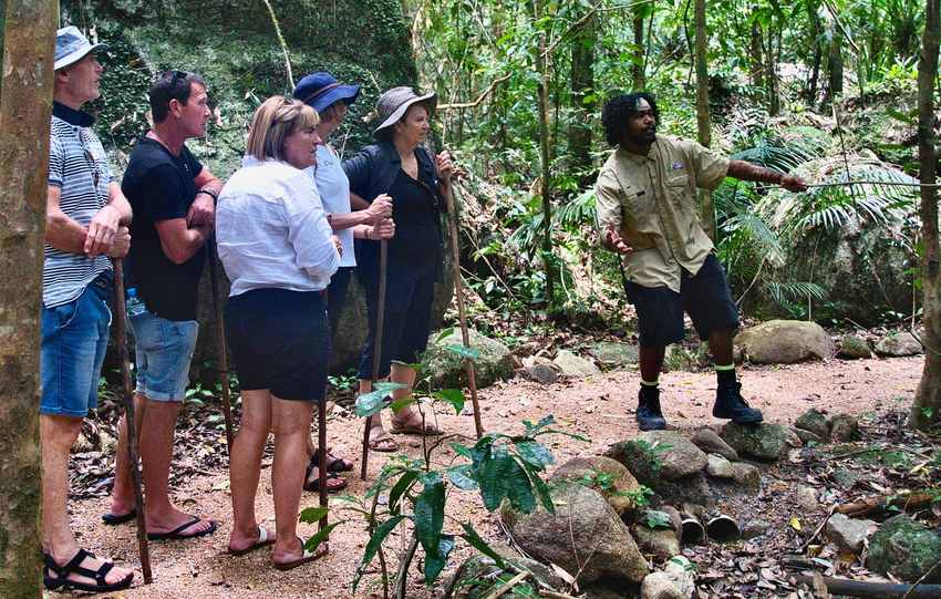 Guide en forêt avec un groupe de personnes